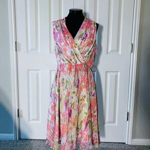 Kate Hill Pink, Coral and Green Floral Sleeveless Midi Dress